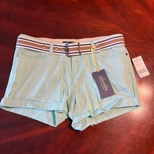 Islandia Mint Green Cotton-Blend Rolled Hem Jean Shorts with Striped Belt